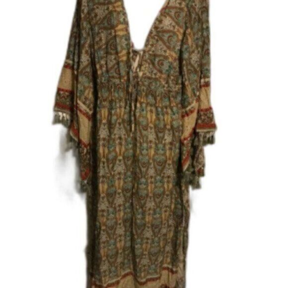 Bohemian Floral Print Woven Bell Sleeve Flounce Gypsy Maxi Dress XL - Picture 6 of 14